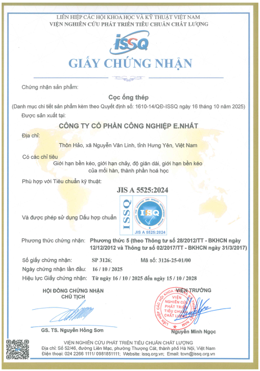 Chứng nhận tiêu chuẩn cọc ống thép