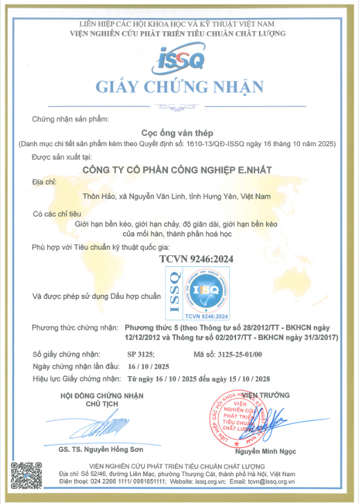 Cọc ống ván thép E.Nhất đạt chứng nhận JIS và TCVN